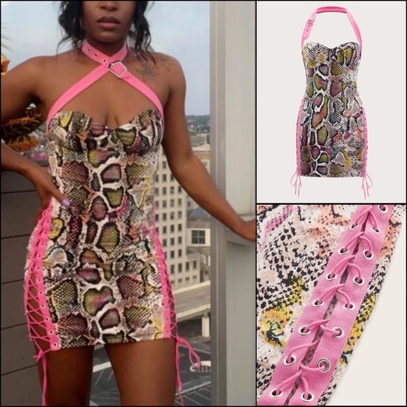 Dresses & Skirts - Multicolor Snakeskin Python Snake Print Halter Caged Party Cocktail Dress